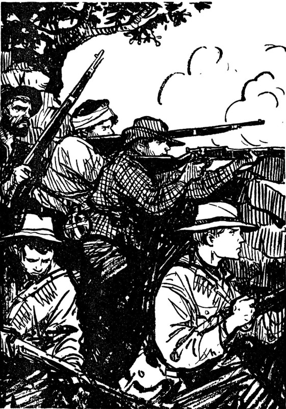 Буры и иностранные добровольцы с винтовками Маузера. Иллюстрация худ. В.А. Кокорина к советскому изданию романа Луи Бусенара "Капитан Сорви-Голова" (Детгиз, 1955).