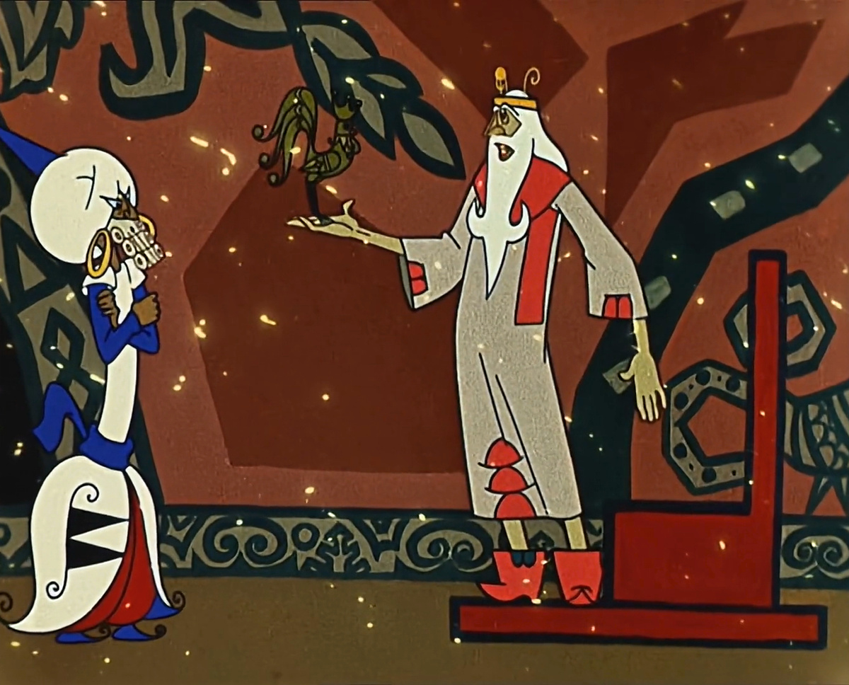 Кадр из мультфильма "Сказка о золотом петушке", 1967 г., режиссер Александра Снежко-Блоцкая, сценарист Виктор Шкловский, художники Виктор Никитин, Марина Восканьянц, оператор Екатерина Ризо, композитор Виталий Гевиксман (скриншот)