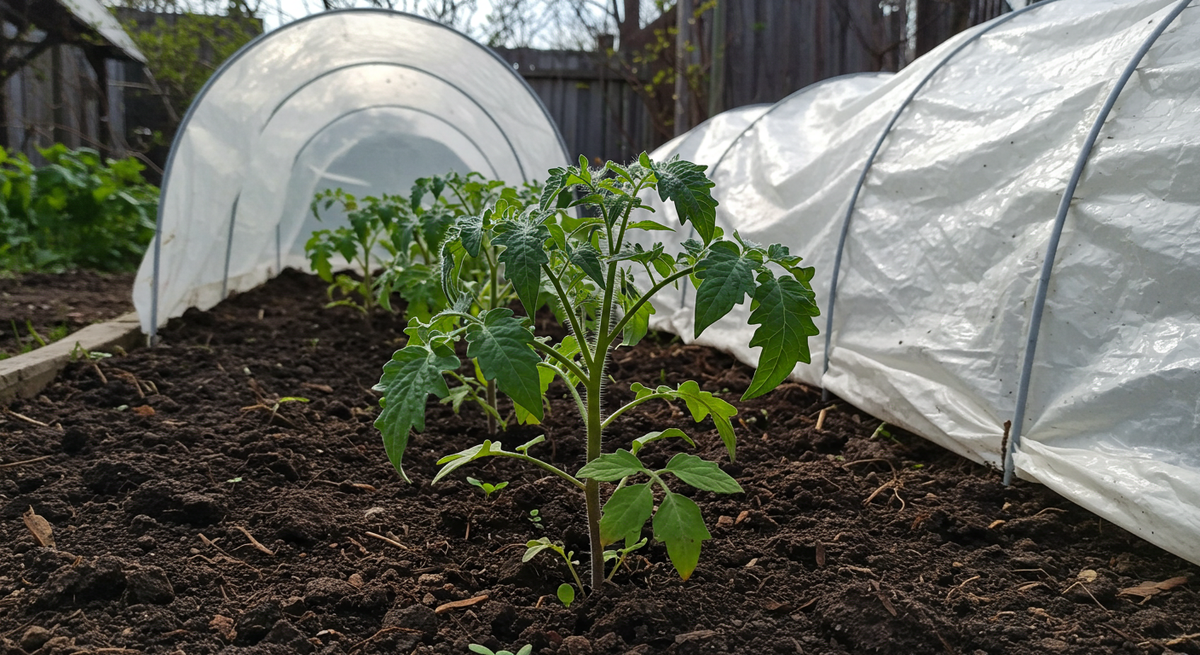 Укрываю посадки спанбондом или ставлю дуги с плёнкой