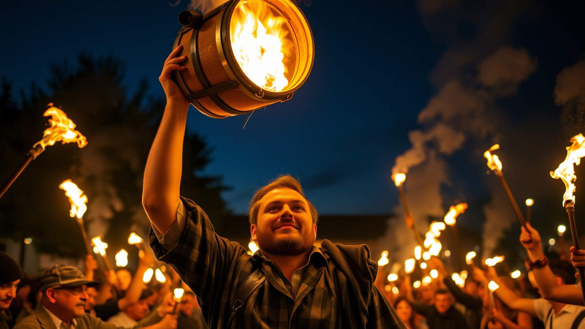 Мужчина в традиционной одежде держит горящую бочку над головой