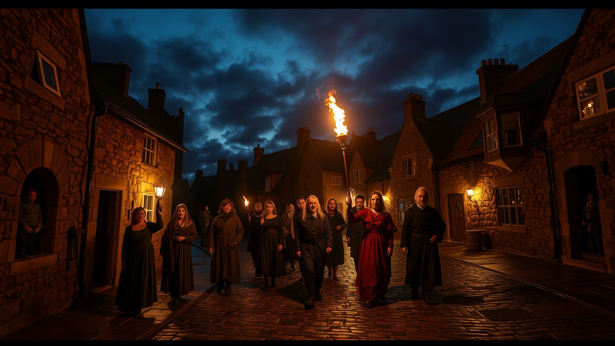 группа людей в старинных одеждах несёт горящий факел 