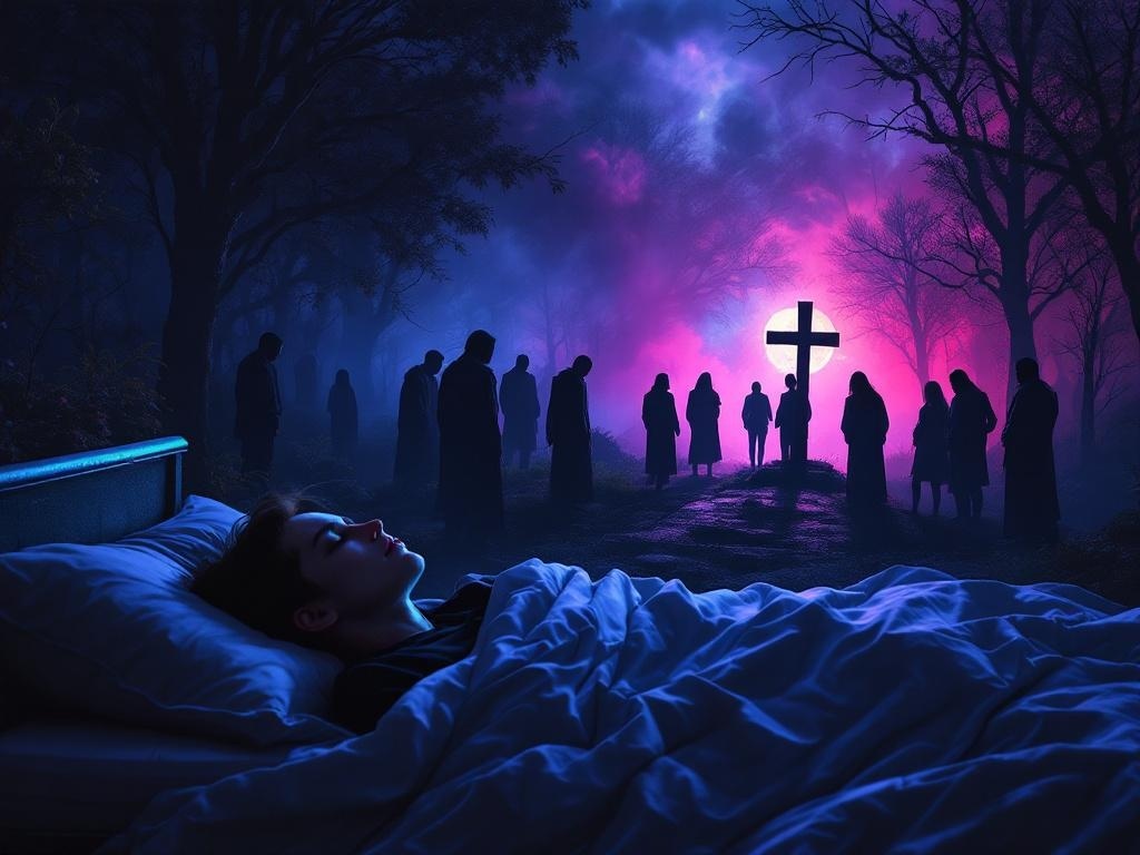    К чему такое снится: На картине изображены люди в черном, стоящие вокруг могилы в необычном, зловещем окружении. Один из них, друг, стоит ближе к центру и плачет. Все наполнено тенью, си