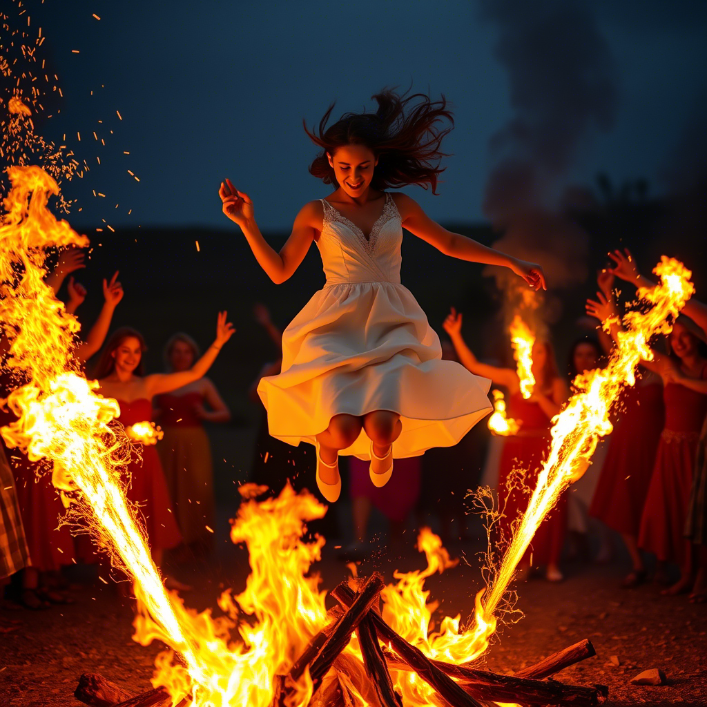Молодая невеста в белом платье прыгает через горящий костёр