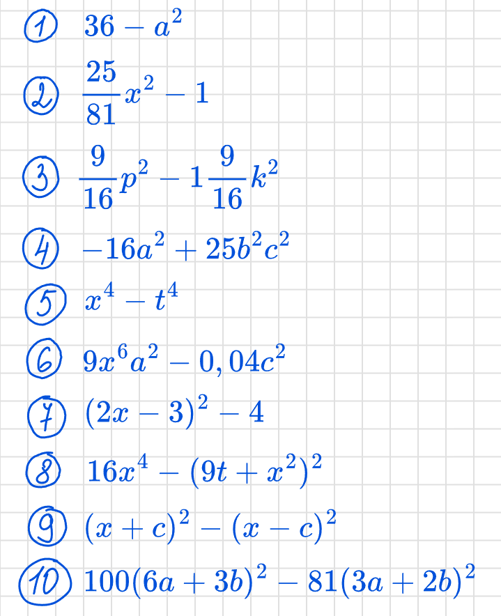 10 заданий на формулу разность квадратов a²-b²=(a-b)(a+b)