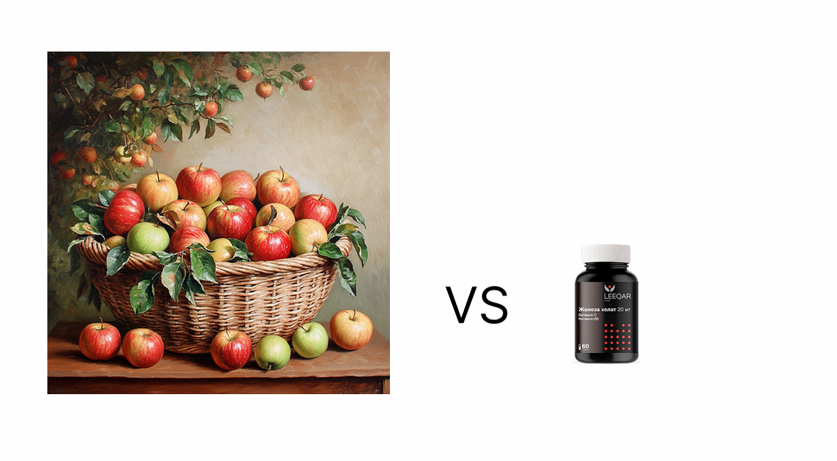 10 кг яблок или 1 капсула железа хелат 20 мг в сутки?