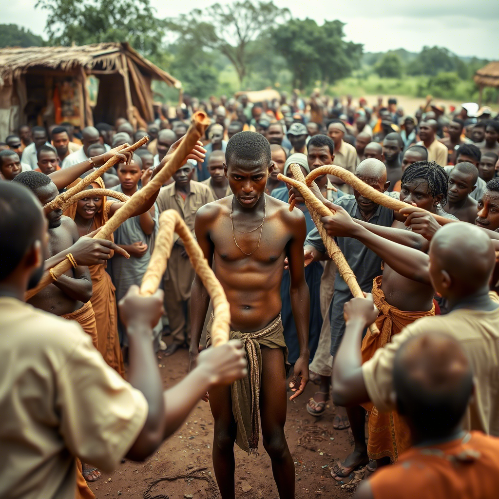 Молодой эфиопский жених стоит полуобнаженным в центре круга, его друзья хлещут его плетьми из бычьей кожи. Толпа наблюдает за ритуалом, лица людей напряжены