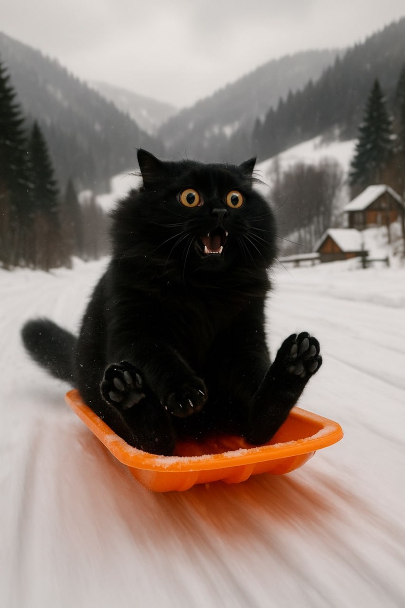 ИИ. Кот в санках катится с горки 🐈‍⬛