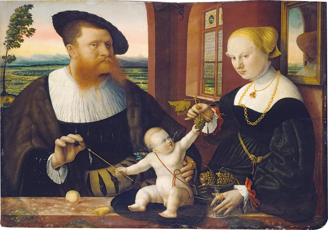 Двойной портрет Юстиниана фон Хольцхаузена и его жены Анны, урожденной Фюрстенберг (1536), Конрад Фабер фон Кройцнах. Смешанная техника на липовой доске. 68,6 × 98,5 см. Музей Штедель, Франкфурт-на-Майне, Германия. 