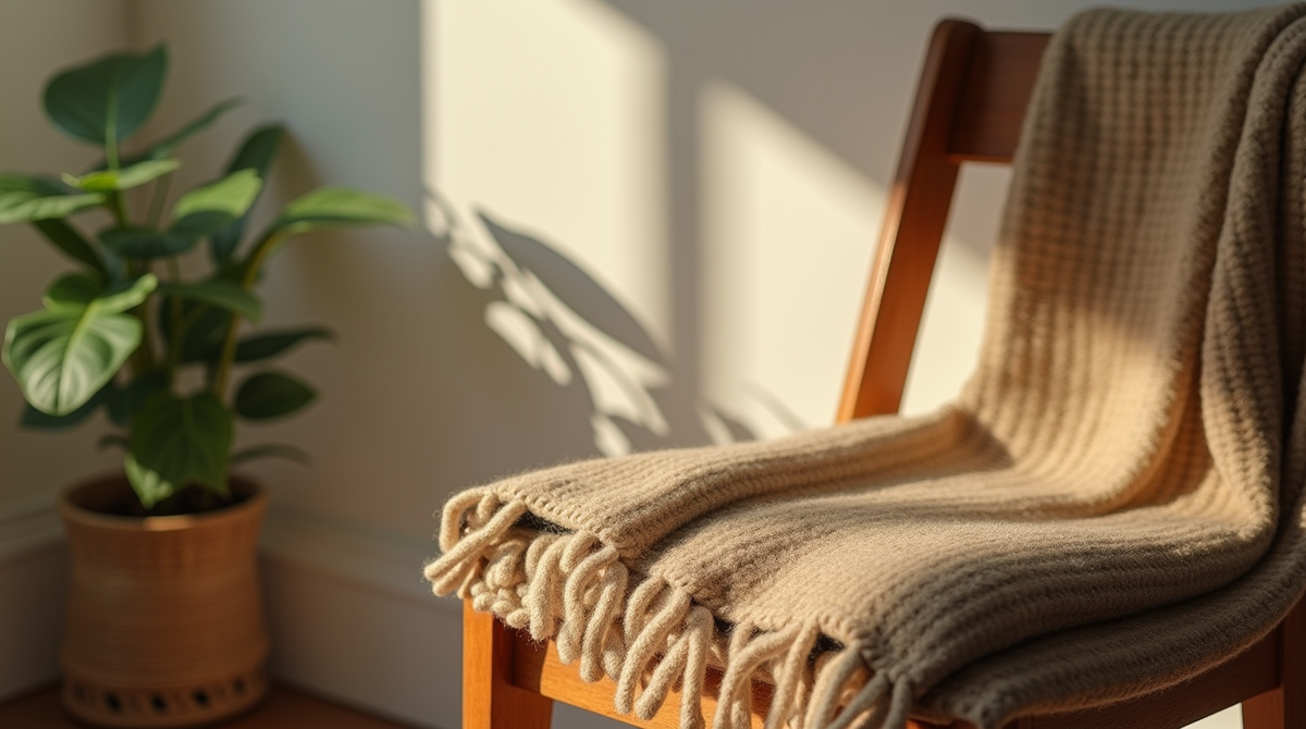 Интерьерный уют — в простых деталях: мягкий шерстяной плед, винтажное дерево и естественное тепло света доказывают, что комфорт не требует больших затрат.