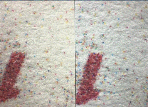 Демонстрация сопоставления изображений на исследуемой купюре (слева) и на купюре, расположенной на листе бумаги (справа), изъятом при обыске у подозреваемого (Хмыз А. И. Идентификация многофункциональных печатающих устройств, использующих принцип струйной печати // Сборник материалов криминалистических чтений. – Барнаул: Барнаульский юридический институт МВД России, 2011. – Вып. 7. С. 92)