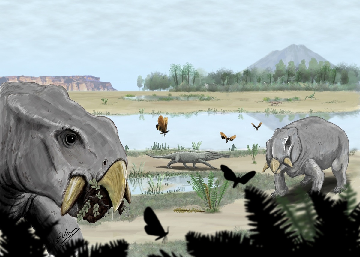 Мотыльки Ampatiri eloisae порхают среди дицинодонтов 236 млн лет назад в триасовой Аргентине. Иллюстрация: Ezequiel Vera.