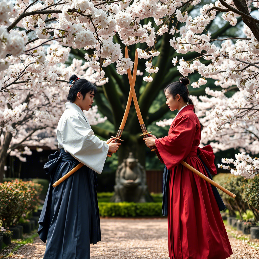Два человека в традиционных японских костюмах стоят друг напротив друга на фоне сакуры, держа в руках деревянные мечи