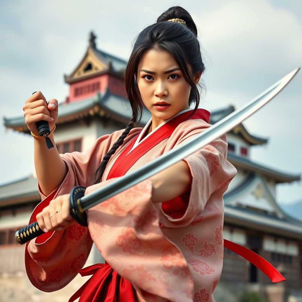 Женщина в кимоно с мечом в руках стоит в боевой стойке, её лицо выражает решимость