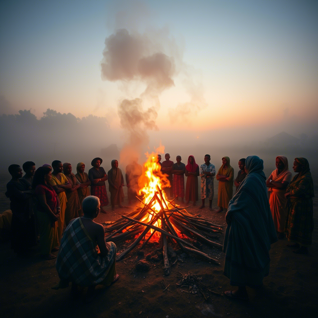 Нигерийская деревня на рассвете, группа людей в традиционных одеждах собирается вокруг костра, в центре которого лежит символическое подношение. В воздухе витает дым и мистическая атмосфера.