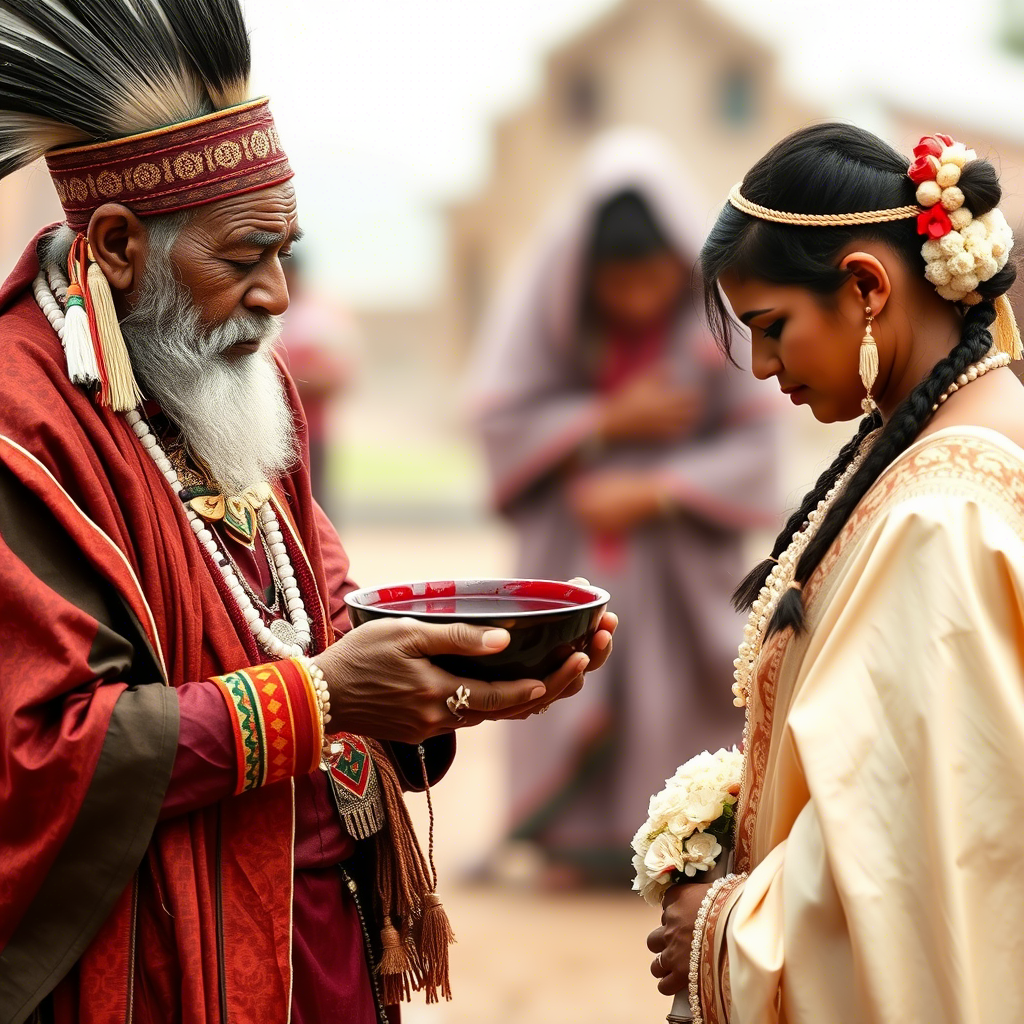 Старейшина племени в традиционном одеянии держит в руках чашу с кровью, окруженный женихом и невестой, которые стоят с опущенными головами в знак уважения