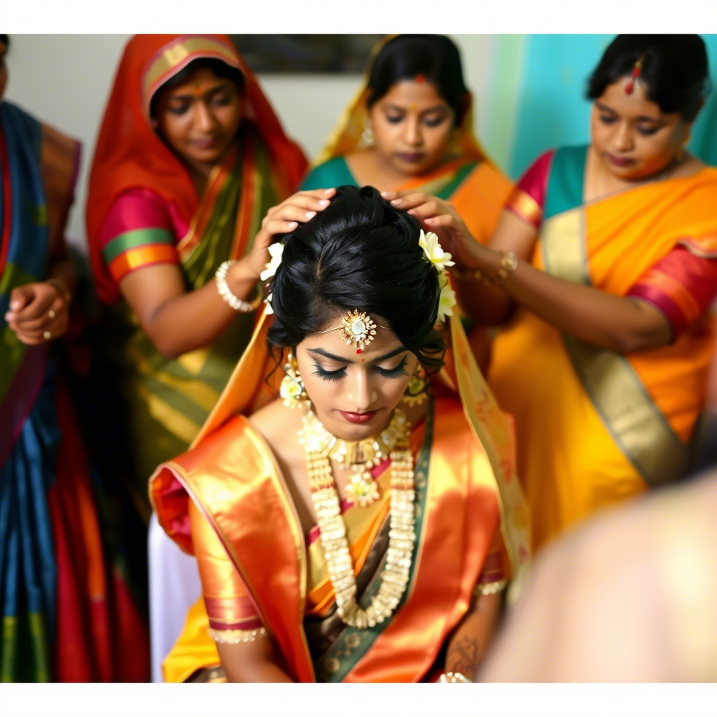 Группа женщин в ярких сари помогает невесте одеться и украшает её волосы цветами