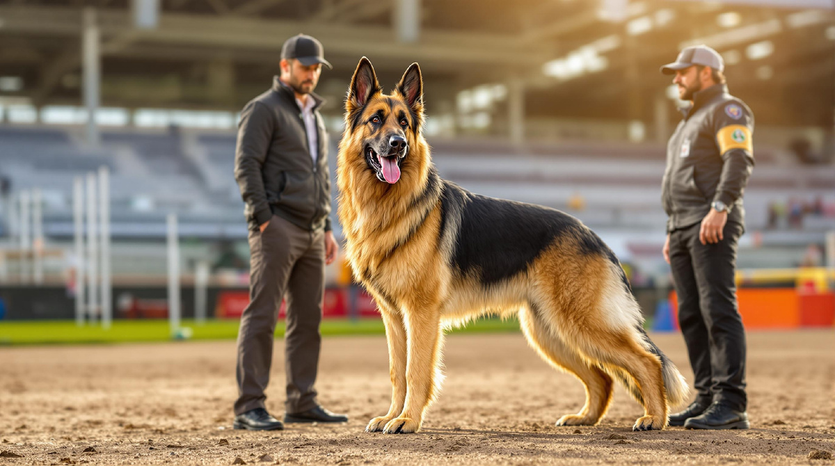 Немецкая овчарка на дрессировочной площадке, рядом два кинолога — профессиональная подготовка, выставка собак, тренировка и социализация питомца, уверенность и контроль.