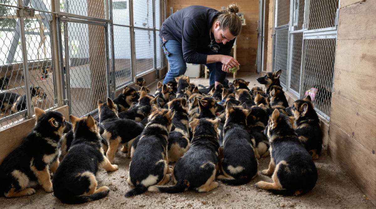 Группа щенков немецкой овчарки в вольере, кинолог проводит обучение — социализация, ранняя дрессировка, забота о здоровье и развитии собак в питомнике.