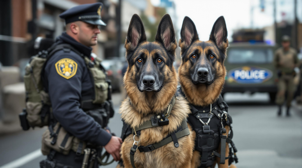 Две немецкие овчарки в спецэкипировке рядом с полицейским, городской фон, патрулирование, служебные собаки, безопасность и профессиональная подготовка.