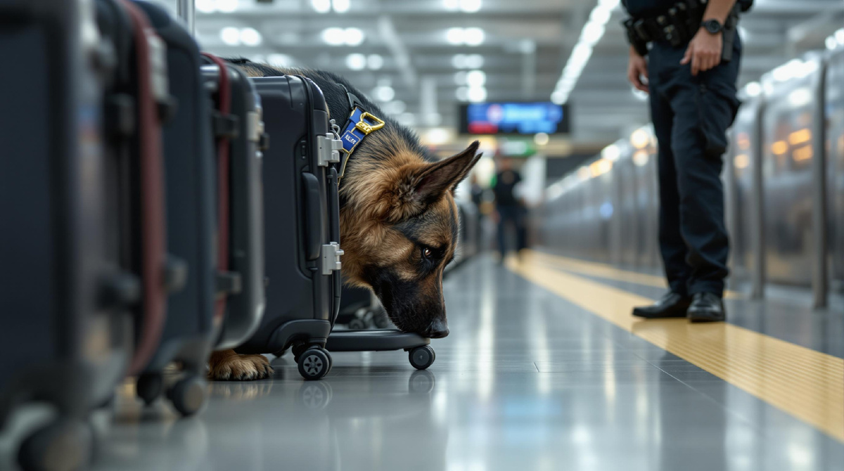 Немецкая овчарка в аэропорту обнюхивает багаж, рядом сотрудник службы безопасности — поисковая служебная собака, обеспечение безопасности, контроль и предотвращение угроз.