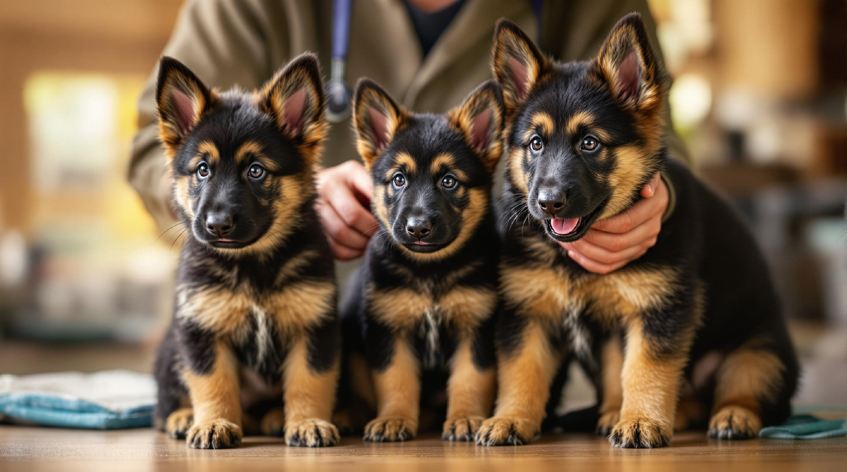 Три щенка немецкой овчарки сидят рядом на столе, человек поддерживает их руками — ветеринарный осмотр, забота о здоровье животных, ранняя социализация и подбор щенка.