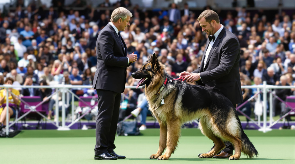 Немецкая овчарка на выставочном ринге с двумя экспертами-кинологами, вокруг зрители — участие в выставке собак, экспертная оценка, профессиональная подготовка и признание лучших представителей породы.