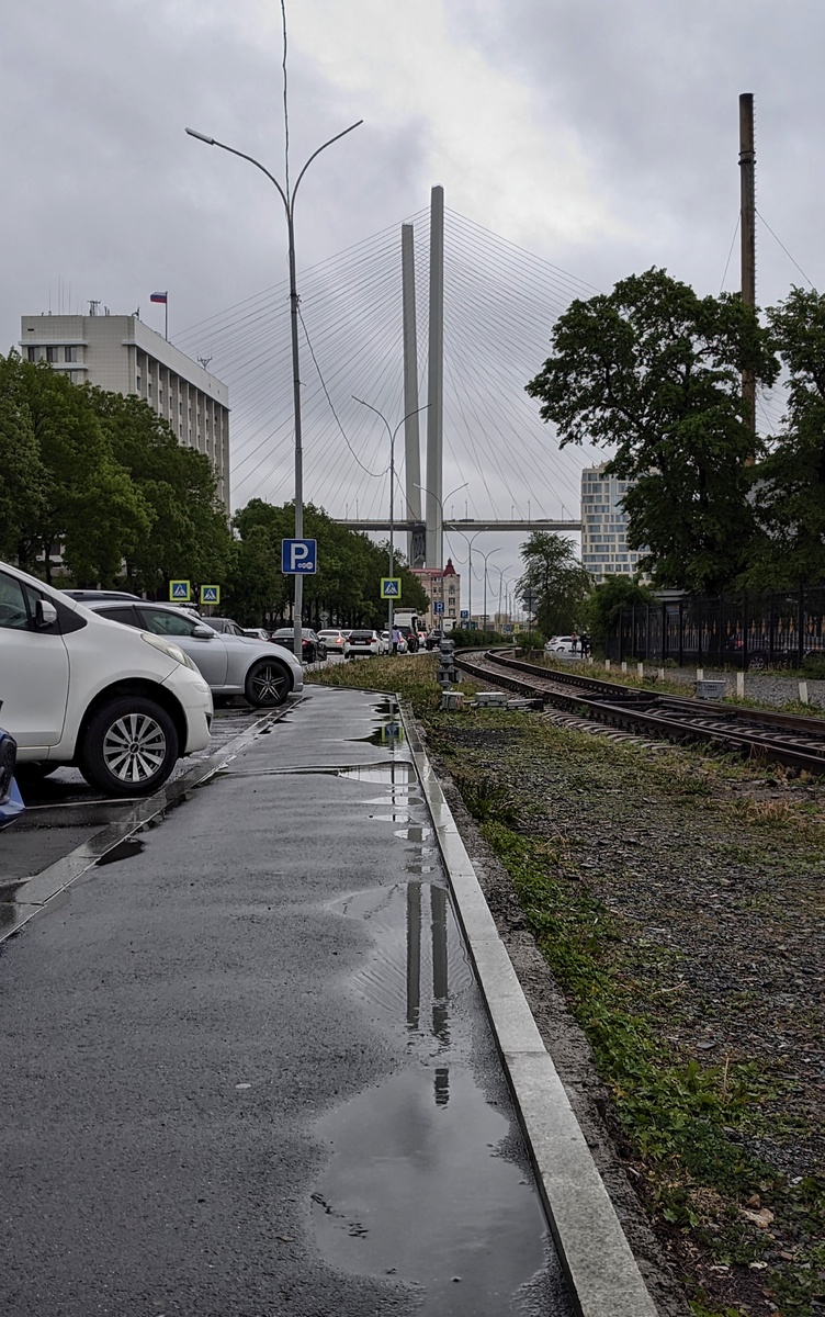 Хотелось уловить длинное отражение пилона в узкой луже. 