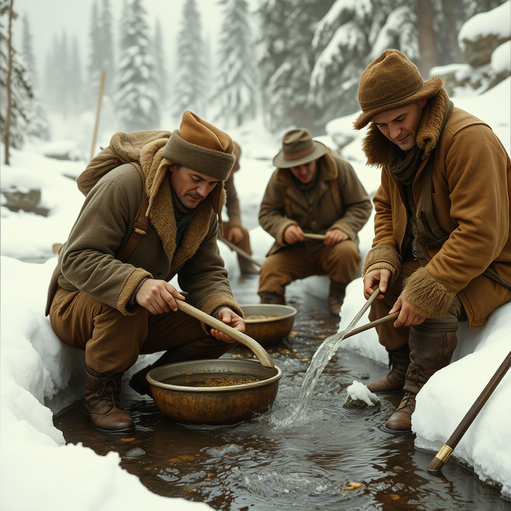Золотоискатели 19 века в снежных горах Аляски, промывающие золото в ледяном ручье