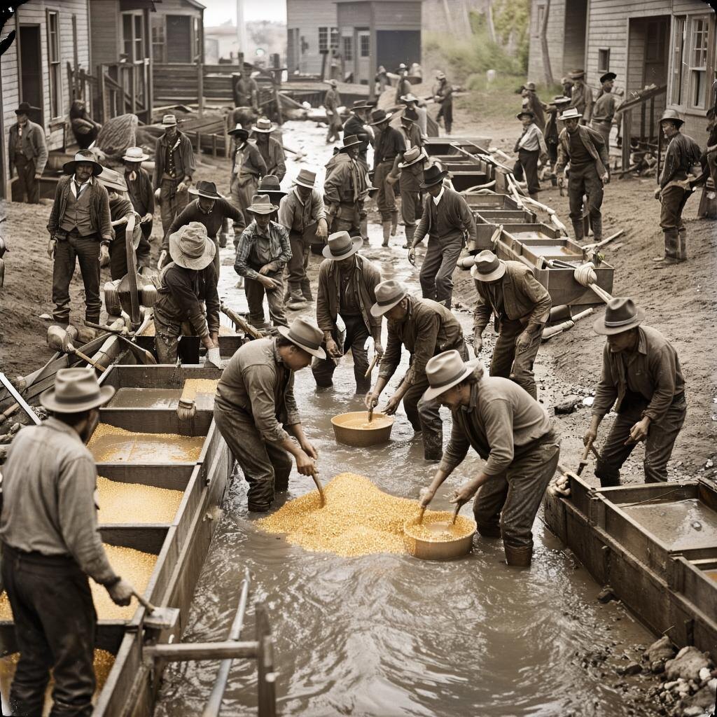 Толпа золотоискателей у ручья.