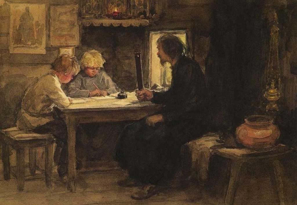 Заштатный дьячок учит ребятишек писать