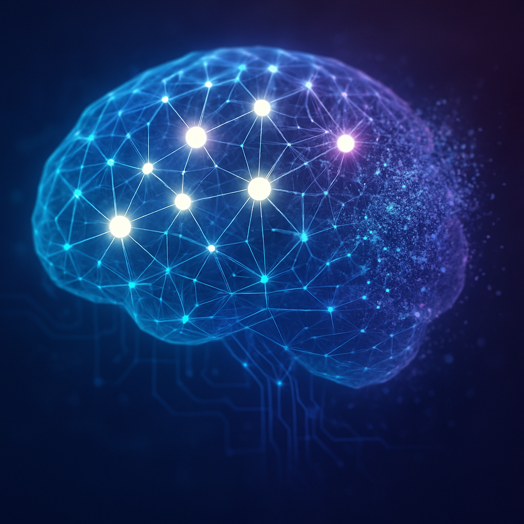 Объёмное «мозговое» облако из сияющих нейронных связей: яркие узлы хранят нужные знания, а правый край рассыпается в пиксельную пыль, символизируя целевое забывание ненужных токенов в больших языковых моделях.