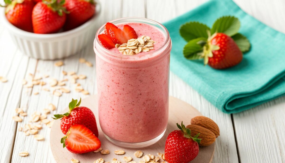 смузи клубника + овсянка + миндальное молоко