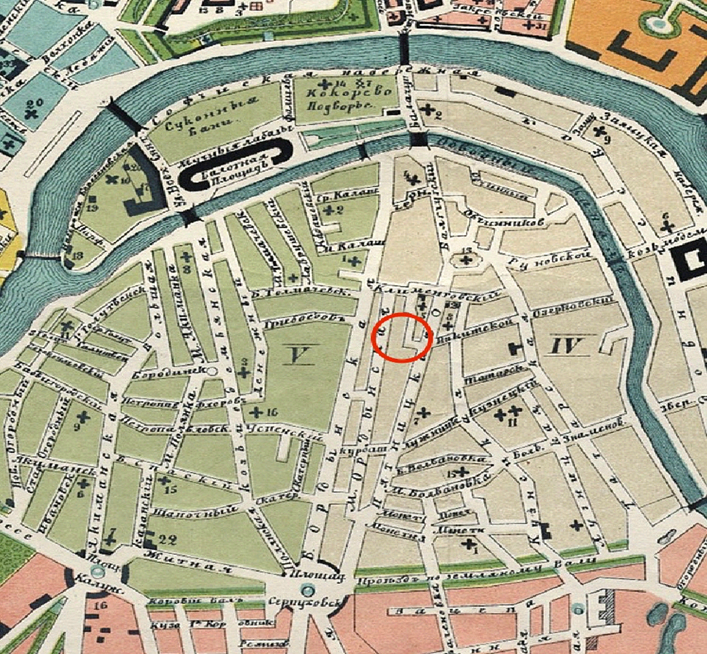 План города Москвы 1871 г. Фрагмент. Красным цветом примерно обозначено будущее местоположение ансамбля. Источник: http://www.etomesto.ru/map-moscow_stolica1871/