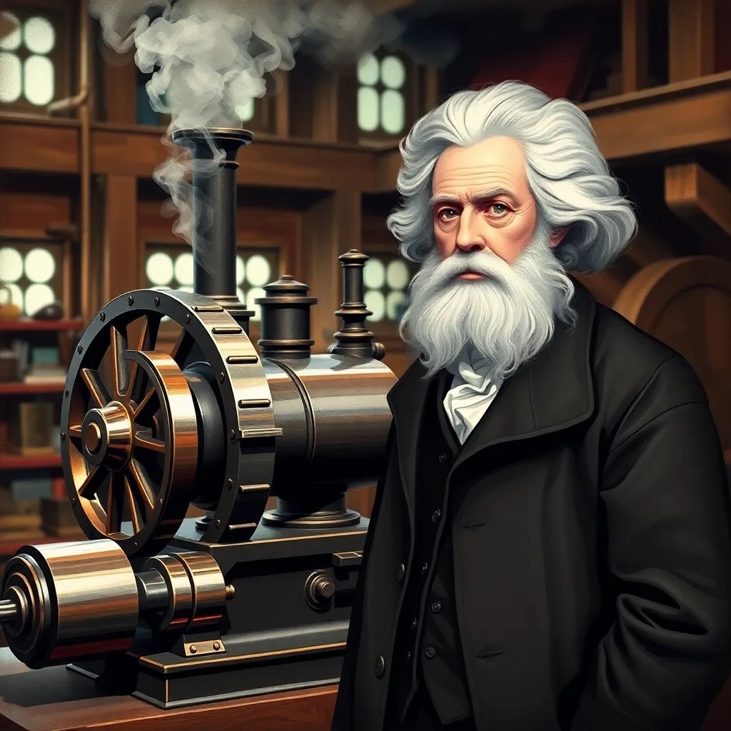 Иллюстрация "Джеймс Уатт и его паровая машина".