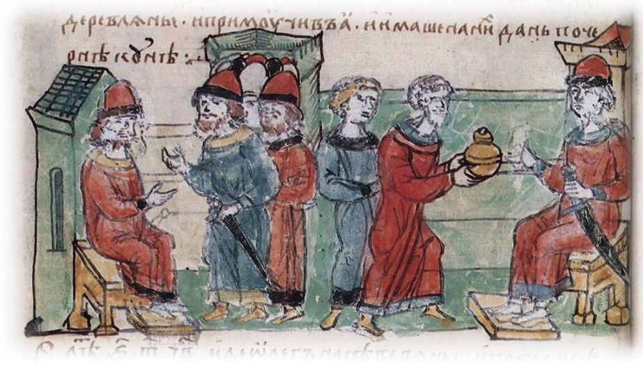 На миниатюре из Радзивилловской летописи древляне платят дань князю Олегу