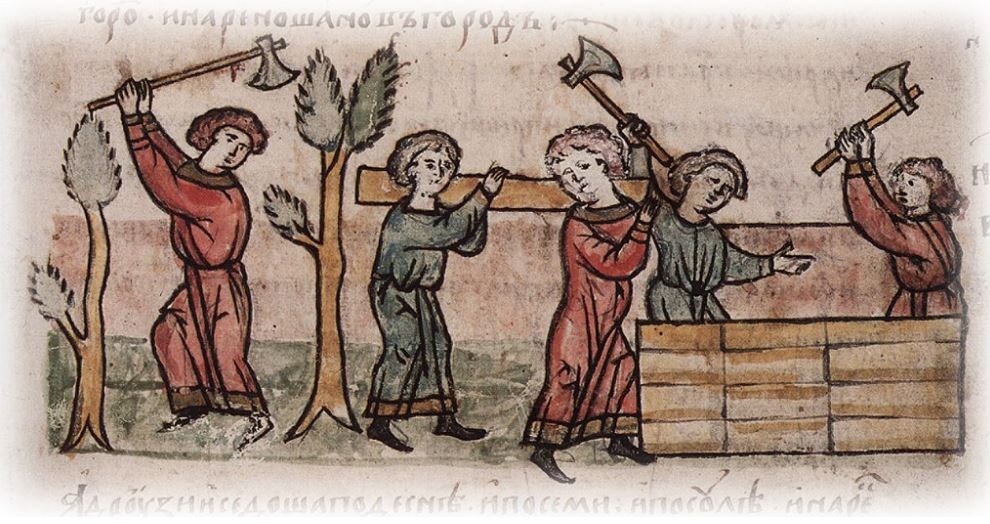 На миниатюре из Радзивилловской летописи построение Новгорода ильменскими словенами