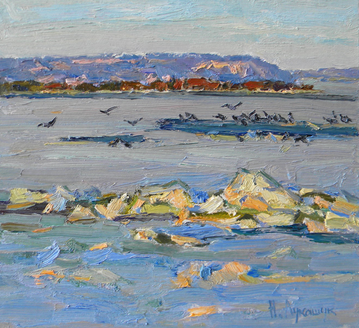 Николай Лукашук "Волга весной" 2023 картон, масло 20х25