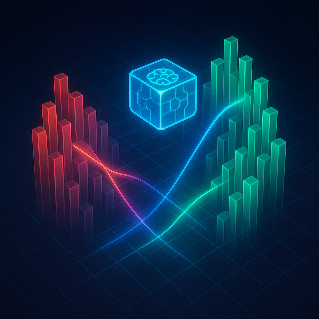Неоновый 3D-«каньон» лимитного стакана: красные и зелёные столбцы заявок, пересечённые лазерными лучами двойного внимания, а в центре парит светящийся трансформер-куб — символ умной модели TLOB, отслеживающей и время, и объём.