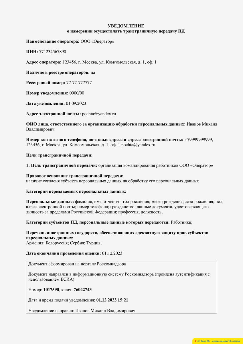 Пример заполненного уведомления о намерении осуществлять трансграничную передачу ПД