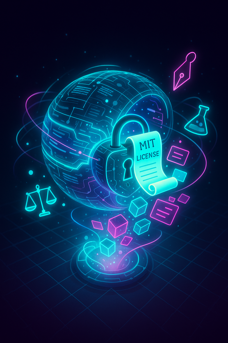 Неоновая сфера кода раскрывается открытым замком MIT License, из неё вырываются кубики данных и иконки весов, пера и колбы — визуальный акцент на полном открытии всех функций Langfuse и коллаборации сообщества.