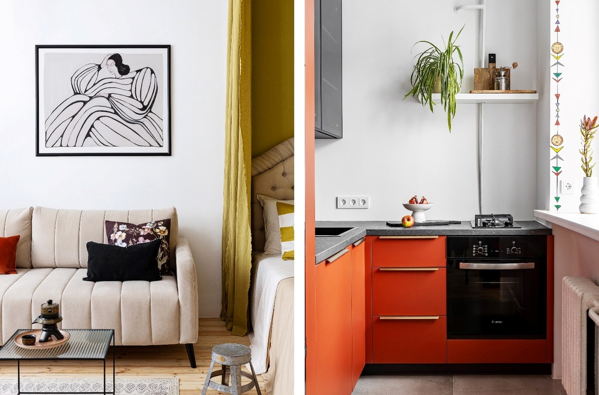 На фото: интерьер квартиры 30 кв.м г. Минске. В кадре диван прямой Маркфул от divan.ru. Дизайнер: Полина Шотт; фотограф: Виталина Ворошкевич
