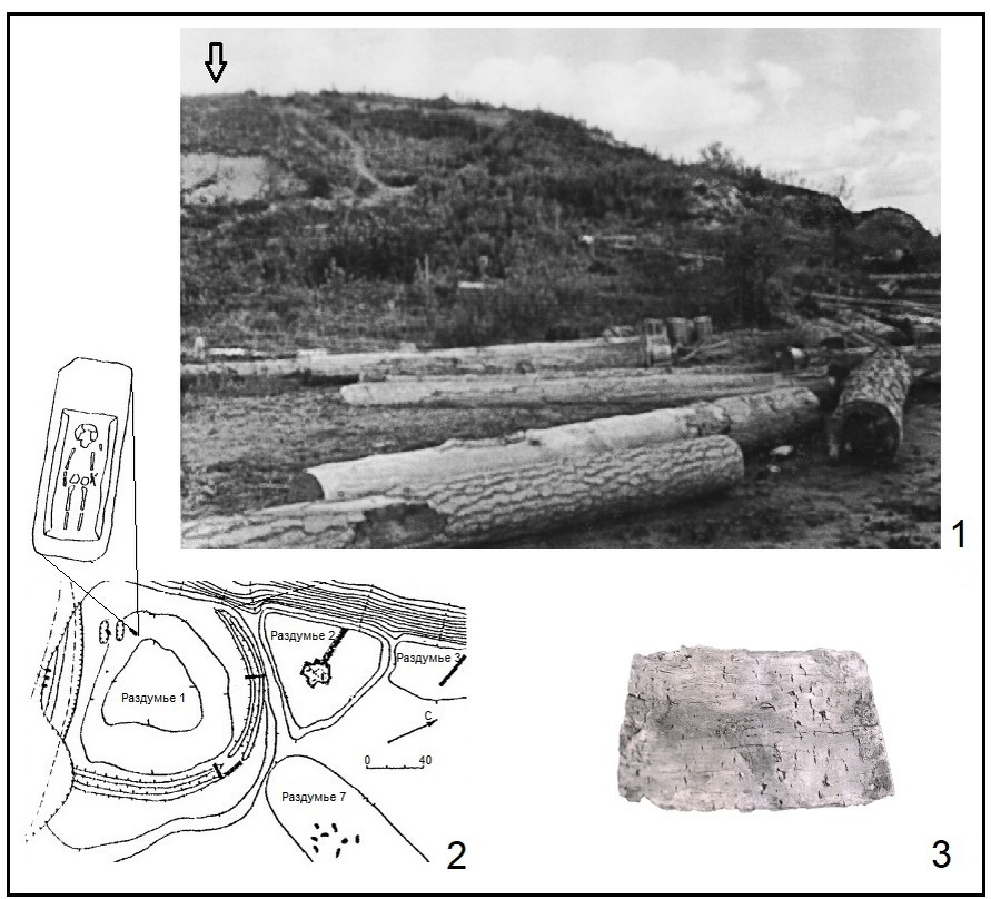 Рис. 1. Урочище Раздумье:
1 — мыс, на котором исследованы погребения 1–3 (фото из фондового собрания МБУК «Каменский районный краеведческий музей», 1960 г., КП 4830/1. Ф. 1093); 2 — план урочища и погребения 3 (по: [Уманский, 1987]); 3 — фрагмент берестяного «конверта» из погребения 1 (фото из фондового собрания МБУК «Каменский районный краеведческий музей», 1960 г., КП 4453/10. Ф. 1. 769). 