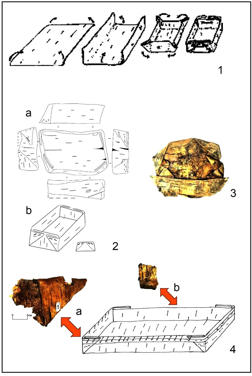 Рис. 2. Берестяные артефакты из погребения 3 могильника Раздумье-1:
1 — схема сборки сосуда типа чуман; 2 — схема сосуда из Раздумья-1 (a, b); 3 — вид сосуда из Раздумья-1 до предреставрации (фото Н.Н. Головченко, 2022 г.); 4 — детали погребальной конструкции из Раздумья-1 до предреставрации и ее графическое воссоздание. 