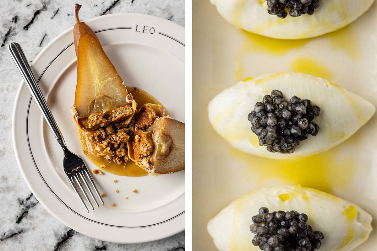    Пряная груша с ванилью и корицей / мороженое на основе оливкового масла с черной икрой