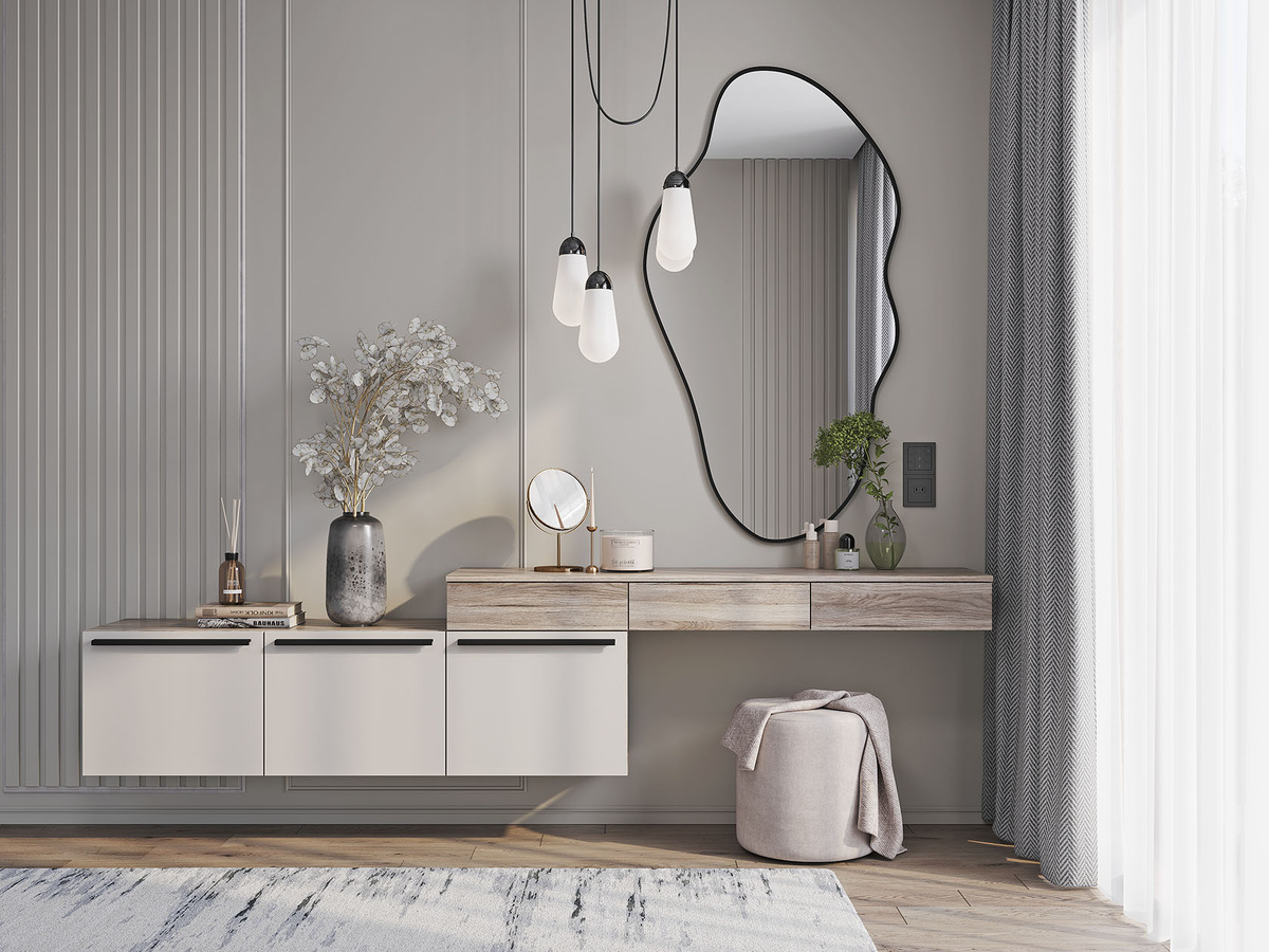 Светлые тона, подвесная мебель и большое зеркало усиливают ощущение простора, которое дают падающие из окна солнечные лучи.