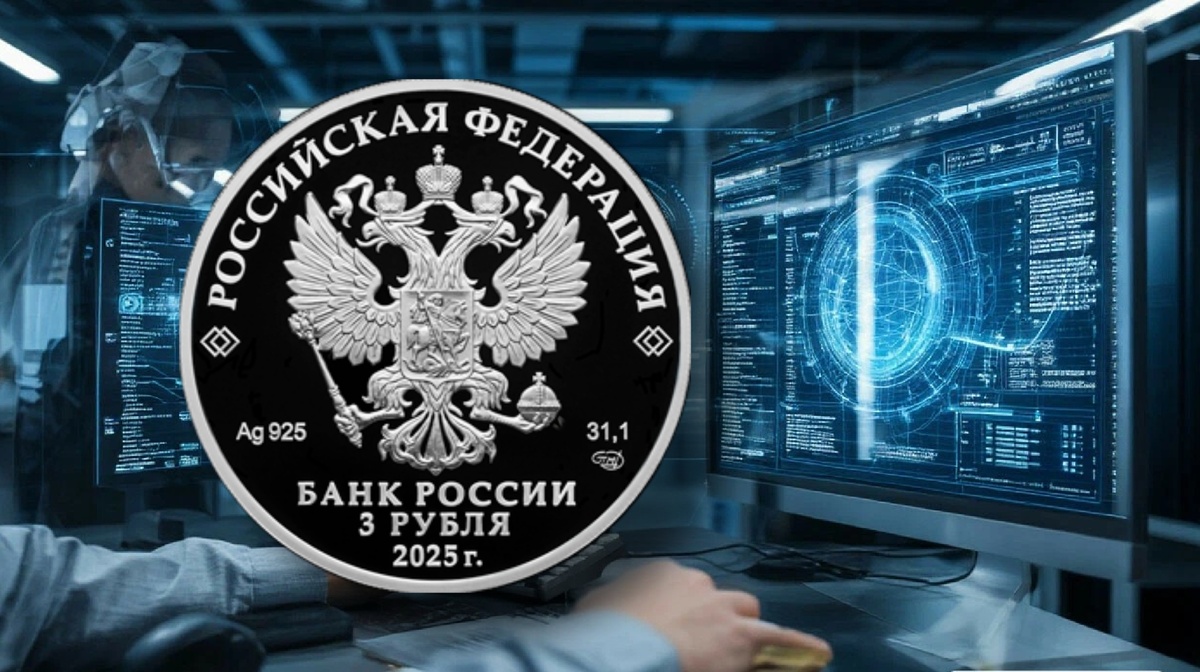 Аверс монеты 3 рубля 2025г. «100-ЛЕТНИЙ ЮБИЛЕЙ НАУЧНО-ТЕХНИЧЕСКОЙ РАЗВЕДКИ».