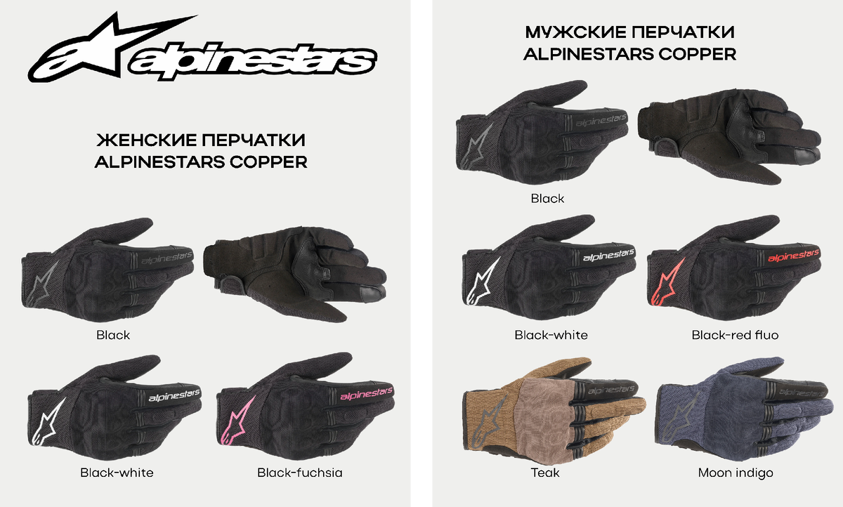 Женские и мужские летние короткие перчатки Alpinestars Copper. Актуальные расцветки.