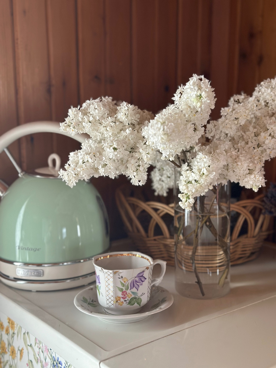 Любимый винтажный чайник, ароматная сирень и фарфоровая кружечка - мой дачный чайный уголок ☕️