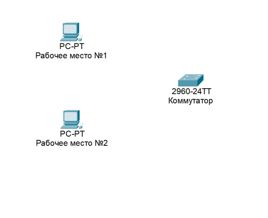 Перетащите на рабочее поле из палитры устройств:
         2 шт. "End Devices" -> "Generic" -> "PC" (или "Laptop").
         1 шт. "Network Devices" -> "Switches" -> "2960" (или любой другой коммутатор L2).