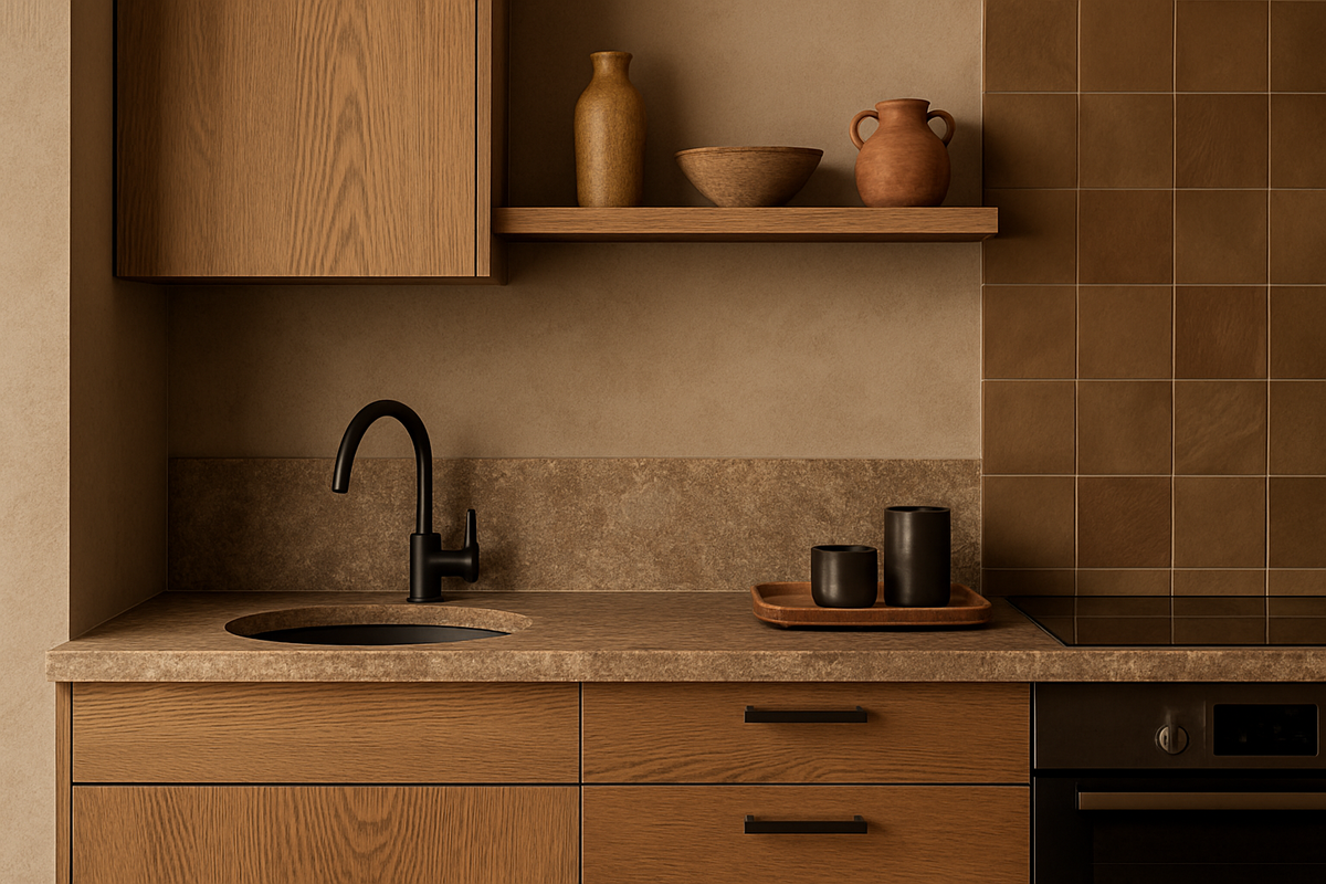 Выраженая текстура дерева, каменные столешницы и стеновые